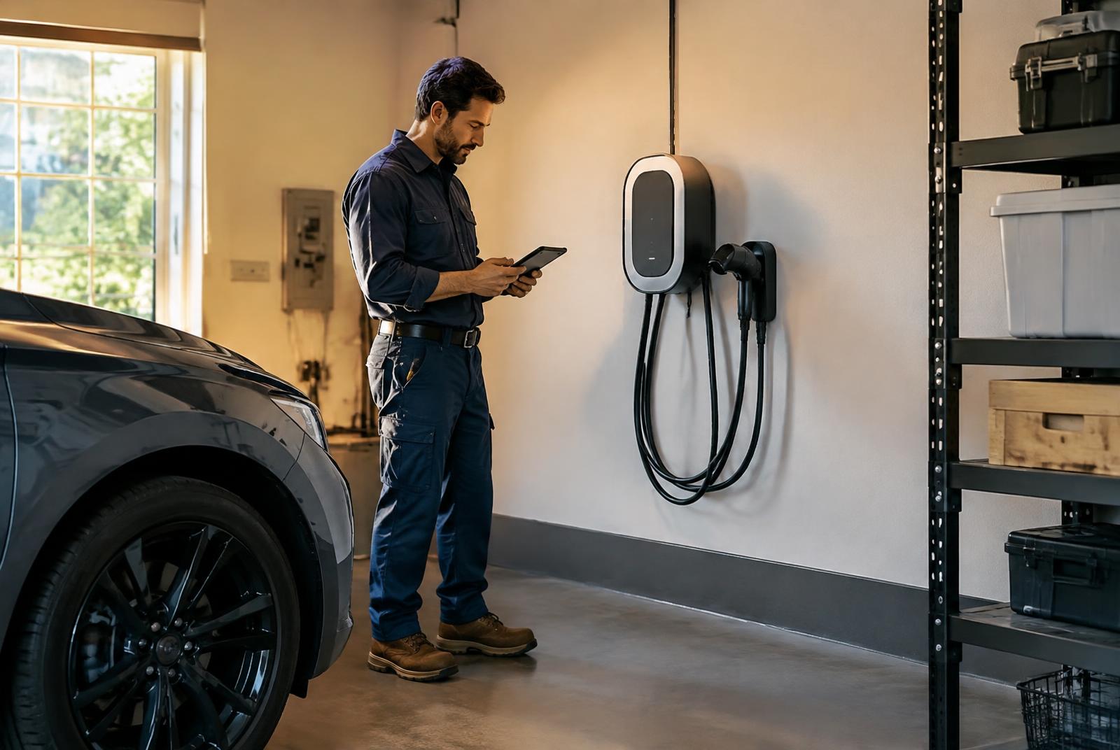 Electrician reviewing a tablet beside a wall-mounted EV charger in a home garage