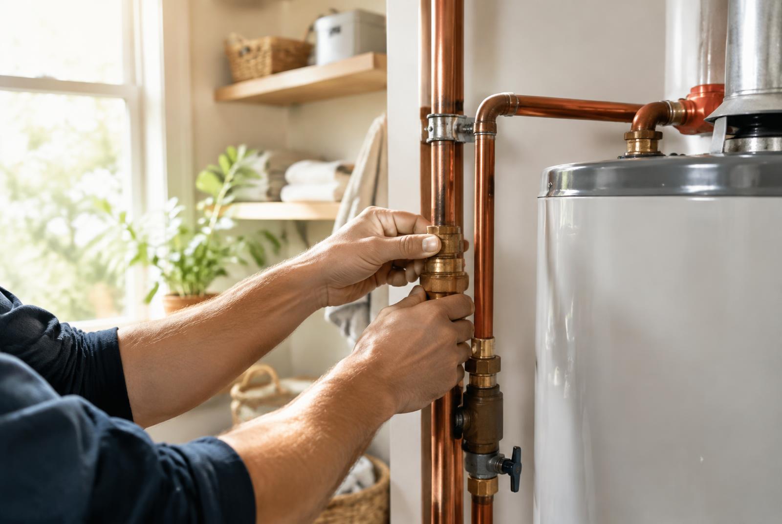 Technician tightening copper pipe fittings beside a water heater