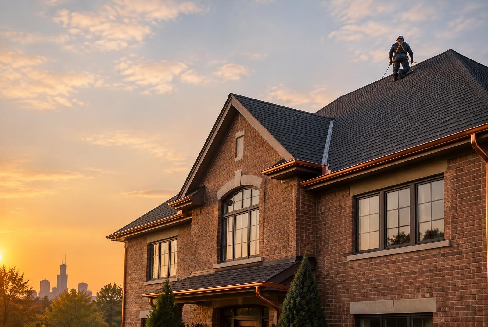 Brick two-story home with a dark shingle roof at sunset while a harnessed roofer inspects the ridge